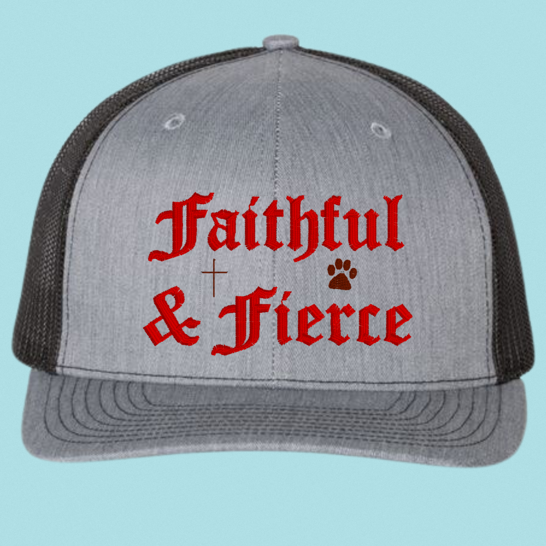 Faithful & Fierce Trucker Hat – Christian Dog Lover Cap | Embroidered Mesh Hat for Men & Women (Grey or Pink)