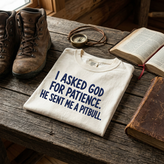 I Asked God for Patience. He Sent Me a Pitbull folded embroidered tee in Ivory – Abiding Paws