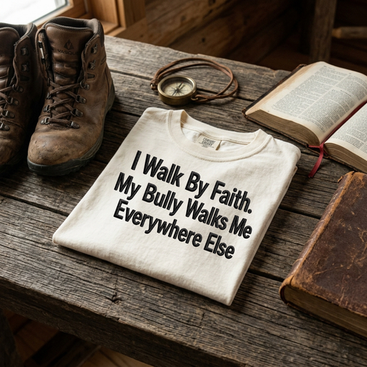 I walk by faith. My bully walks me everywhere else folded embroidered tee in Ivory – Abiding Paws
