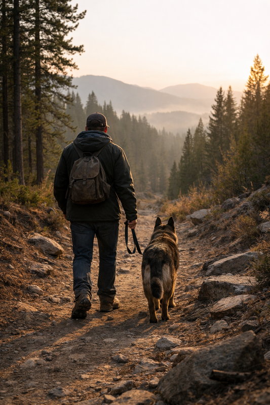 Person walking a dog on a quiet forest trail in the early morning, reflecting calm faith and stillness