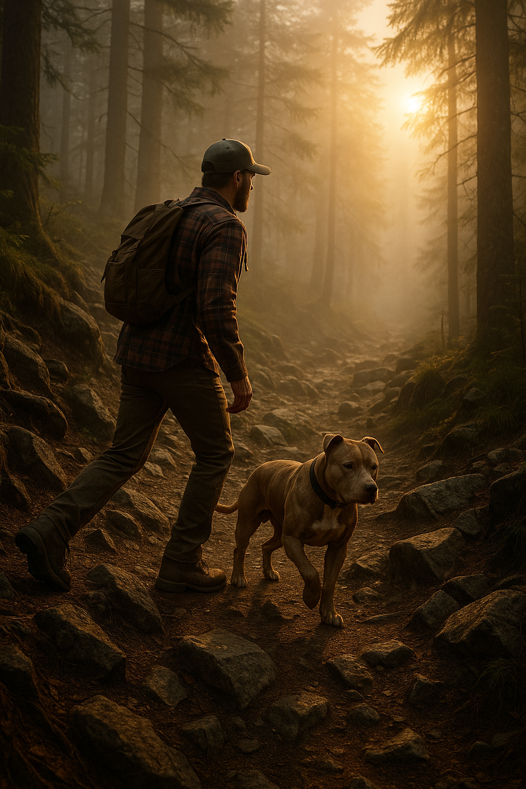 A rugged Christian man and his pitbull hike a steep mountain trail at sunrise, sunlight breaking through misty pines, symbolizing courage and faith over fear.
