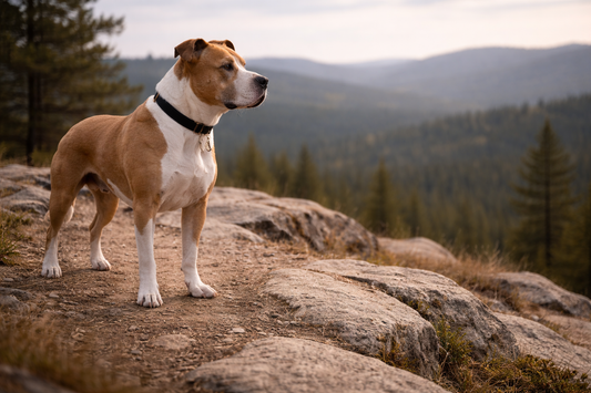 Pit bull standing confidently on solid ground overlooking an open outdoor landscape