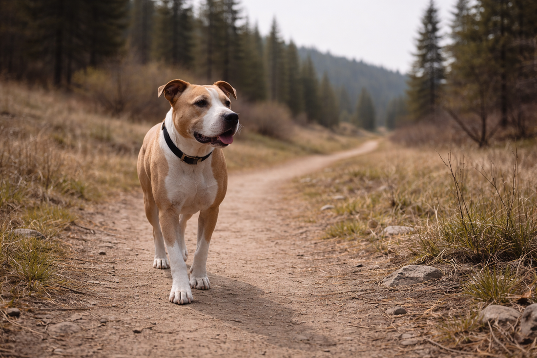 Pit bull walking calmly along an open outdoor trail in soft natural light