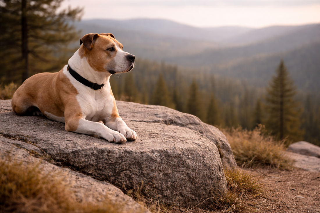 Pit bull resting calmly on a rock overlooking an open outdoor landscape