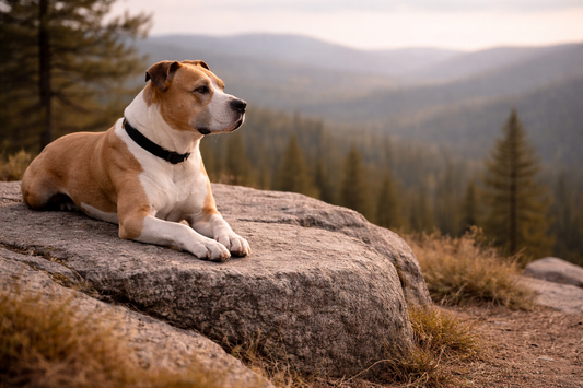 Pit bull resting calmly on a rock overlooking an open outdoor landscape