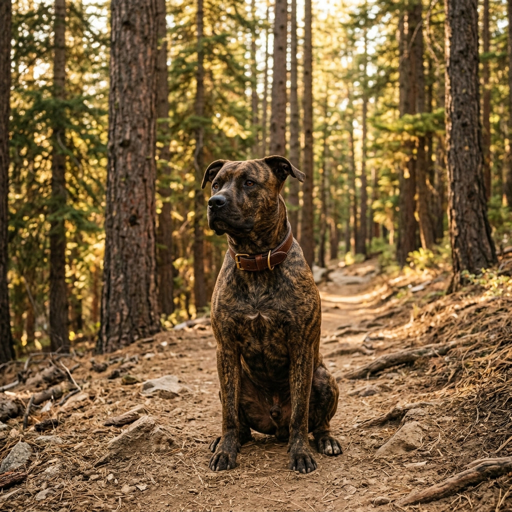 Brindle pitbull sitting calmly on forest trail representing biblical strength under control and Christian masculinity