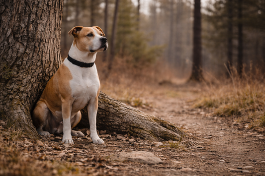 Pit bull standing firmly on solid natural ground outdoors