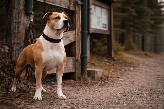 Pit bull outdoors with a calm, confident presence in a grounded natural setting