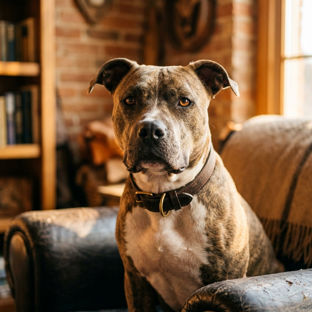 Confident pitbull with loyal expression in warm indoor lighting