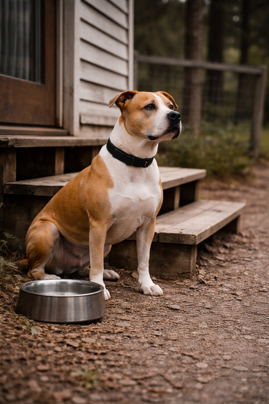 Pit bull waiting calmly beside a familiar outdoor object in a routine setting