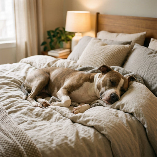 Pitbull sleeping peacefully on bed in cozy bedroom setting
