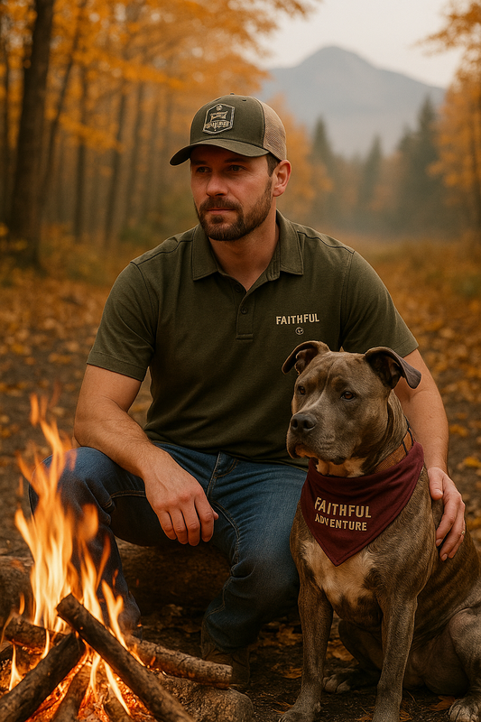 A rugged man hiking a trail in early fall with his pitbull wearing a bandana. Golden leaves line the trail, faith-centered outdoor vibe, natural photography style.