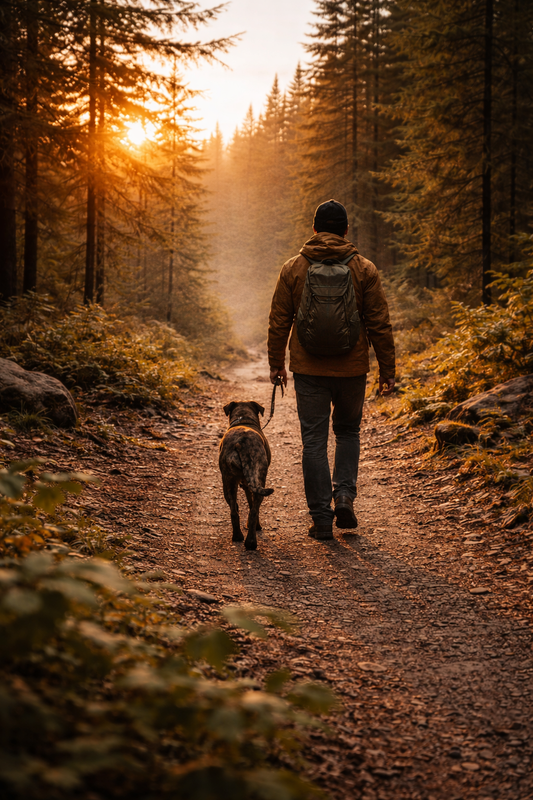 Man hiking with his dog on a forest trail at sunrise, representing faithful outdoor living and intentional adventure