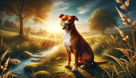 A peaceful red-nosed pitbull sits in a sunlit grassy field near a gentle stream, surrounded by trees under a bright blue sky. Warm sunlight highlights its fur, creating a serene and tranquil scene.