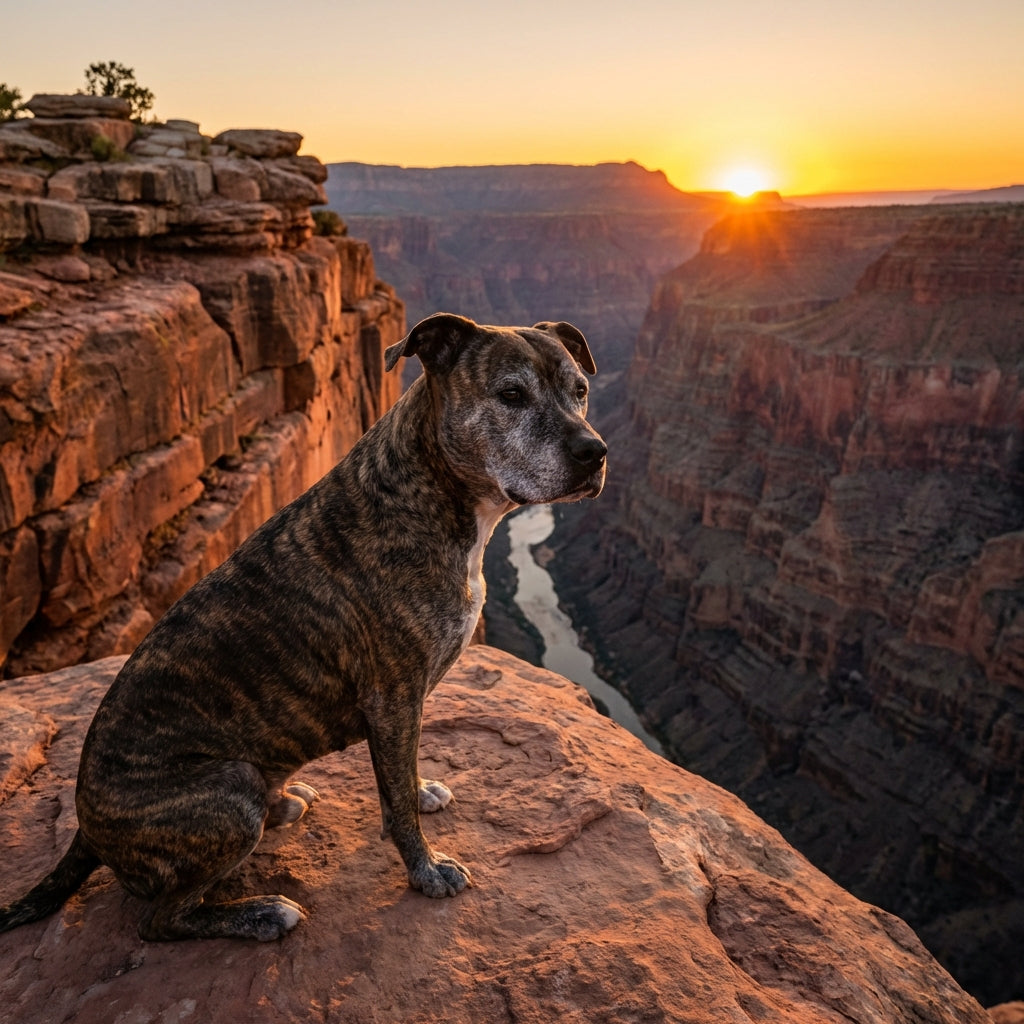 Senior brindle pitbull sitting calmly at Grand Canyon rim demonstrating bully breed trail safety and biblical stewardship in desert hiking
