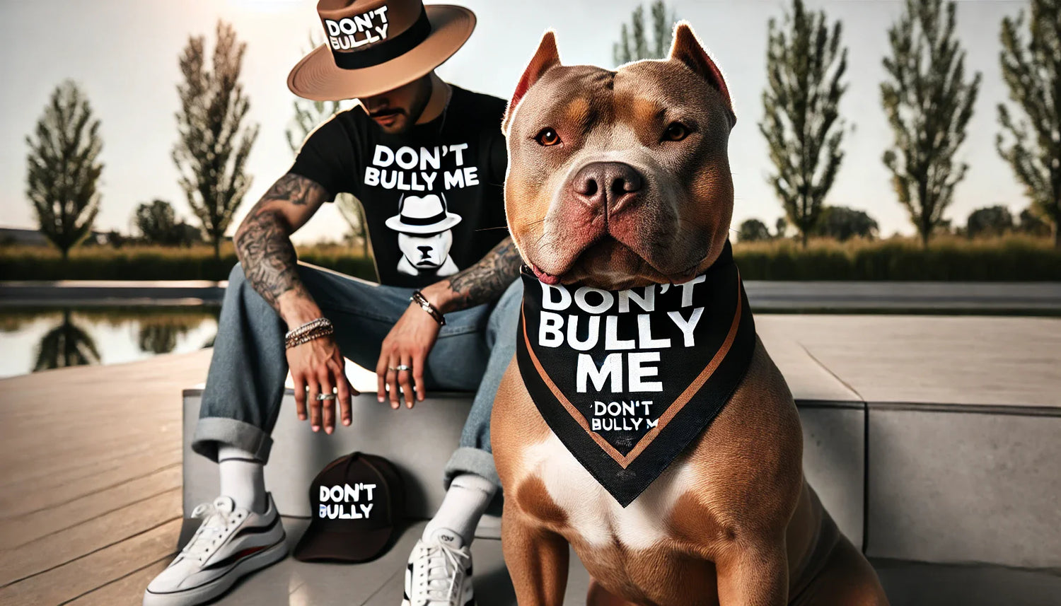 A pitbull wearing a 'Don't Bully Me' bandana sits beside a person in a matching hat and t-shirt, set in a modern outdoor setting, promoting strength, positivity, and love for bully breeds.