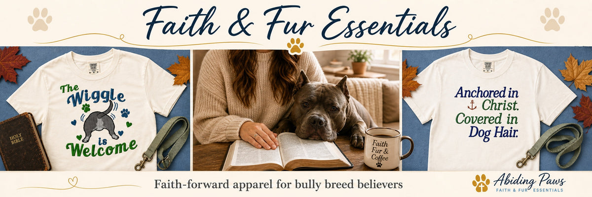 Woman wearing Anchored in Christ Covered in Dog Hair tee in Ivory with bully breed dog