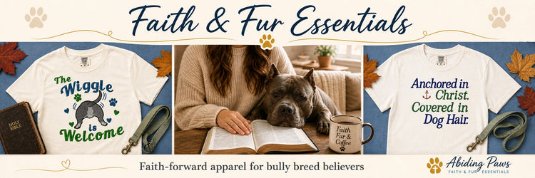 Woman wearing Anchored in Christ Covered in Dog Hair tee in Ivory with bully breed dog