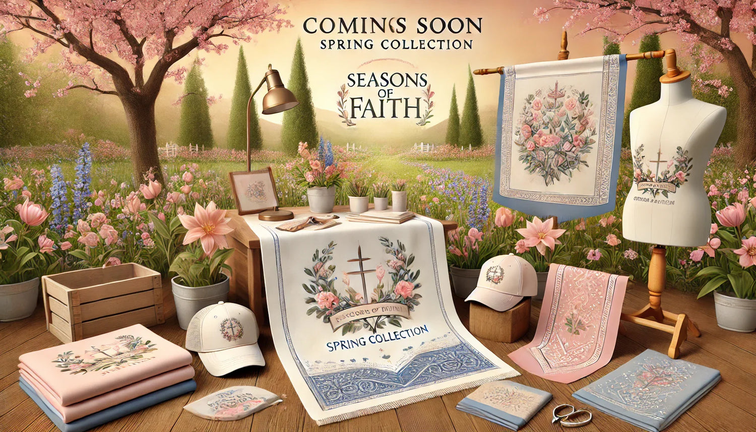 A faith-inspired spring scene with blooming flowers, showcasing embroidered and sublimated products like bandanas, garden flags, and hats. "Coming Soon" text subtly blends into the design.