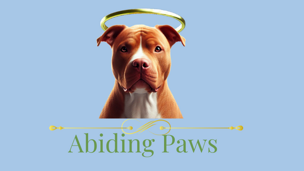 pitbull with halo above wording that says Abiding Paws and a light blue background