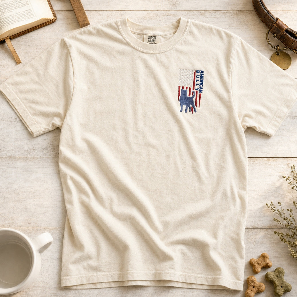 American Flag with Bully Dog in the flag on Left Front Chest embroidered tee in Ivory – Abiding Paws