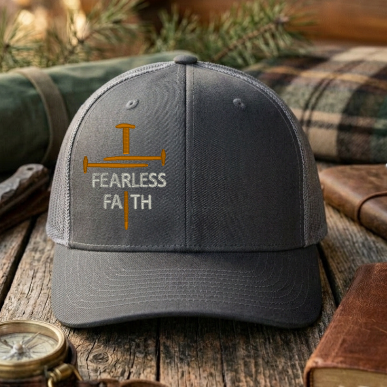 Gray cap with 'Fearless Faith' text on a wooden surface with outdoor items.