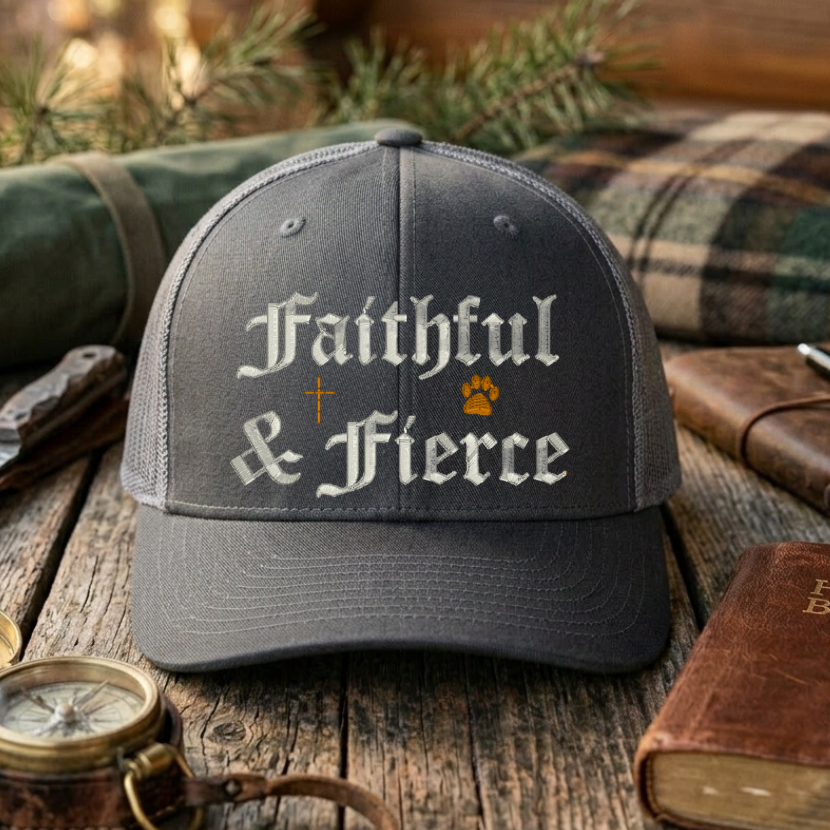 Black/Gray cap with 'Faithful & Fierce' text on a wooden surface with outdoor items.