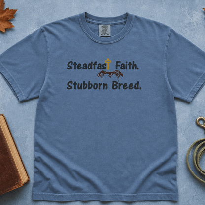 Steadfast Faith Stubborn Breed Comfort Colors Tee in Blue Jean flatlay