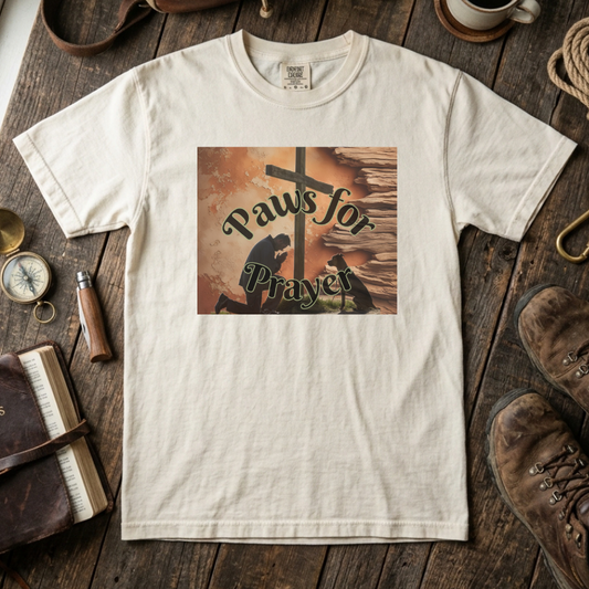Ivory t-shirt with 'Paws for Prayer' graphic on a wooden surface with rustic items.