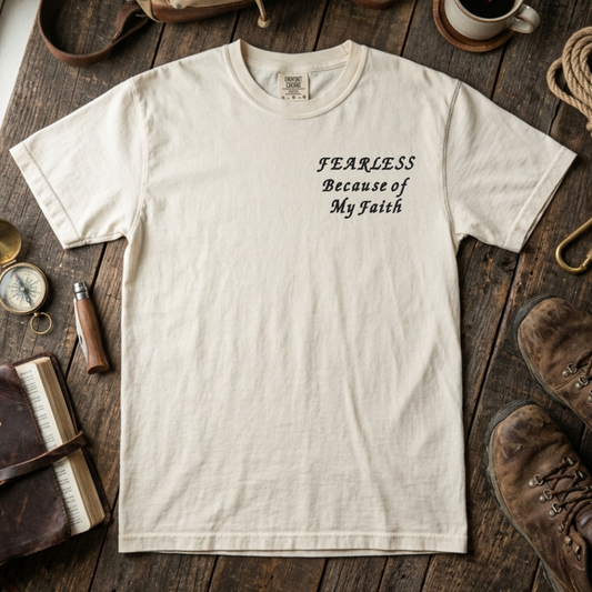 Ivory t-shirt with 'FEARLESS Because of My Faith' text on a wooden surface with travel items.