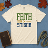 Faith Over Stigma Comfort Colors Tee in Ivory flatlay with Holy Bible and dog leash on blue background with autumn leaves