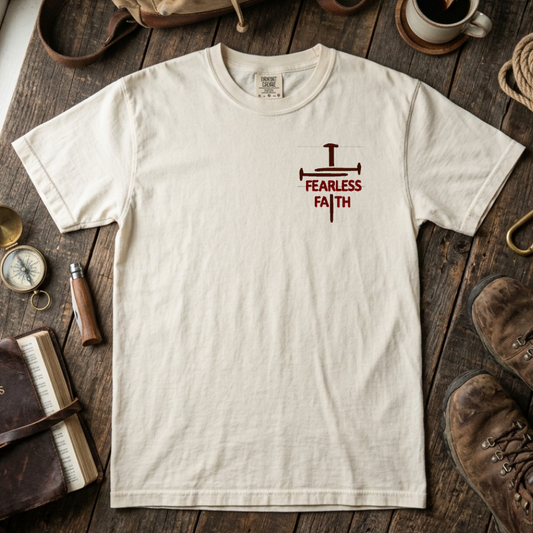 Ivory t-shirt with '1 Fearless Faith' design on a wooden surface with travel items.