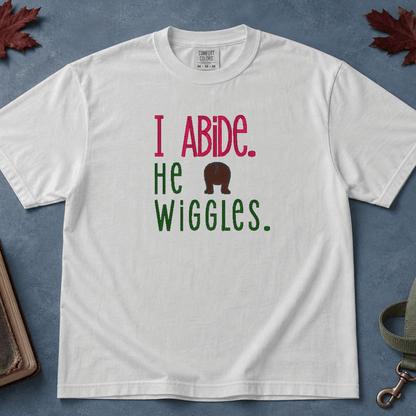 I Abide He Wiggles Comfort Colors Tee in White flatlay with Holy Bible and dog leash