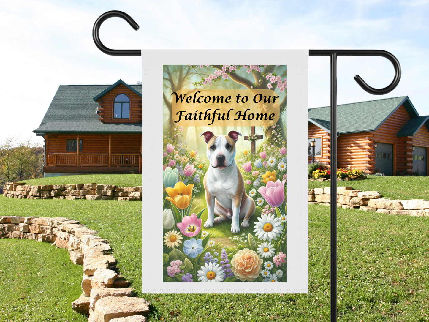 Welcome to Our Faithful Home Garden Flag – Christian Outdoor Décor for Dog Lovers & Faithful Homes