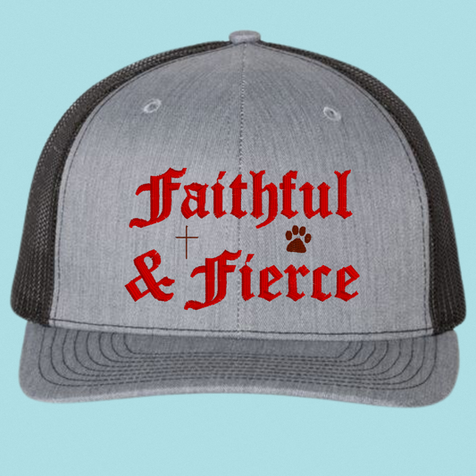 Faithful & Fierce Trucker Hat – Christian Dog Lover Cap | Embroidered Mesh Hat for Men & Women (Grey or Pink)