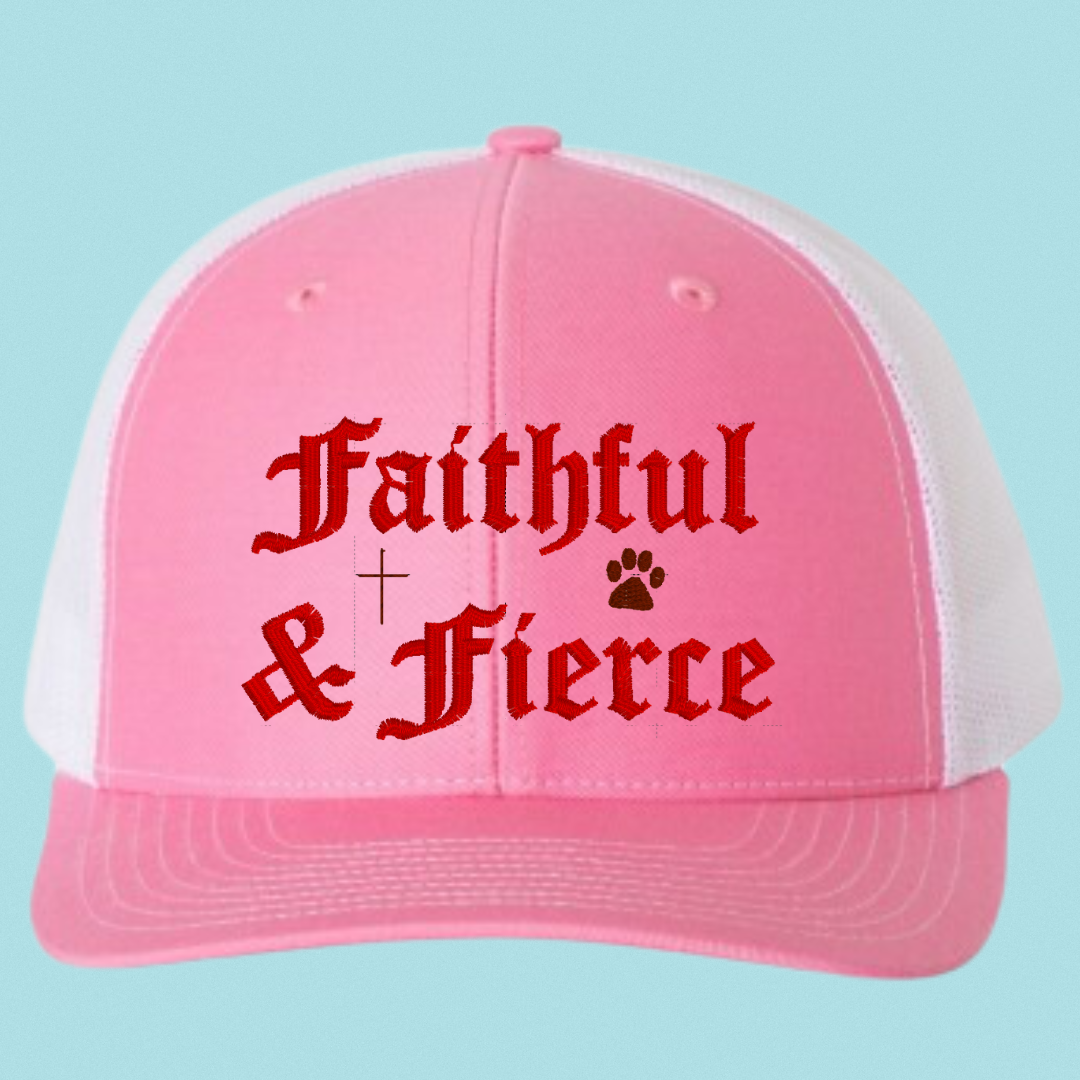 Faithful & Fierce Trucker Hat – Christian Dog Lover Cap | Embroidered Mesh Hat for Men & Women (Grey or Pink)