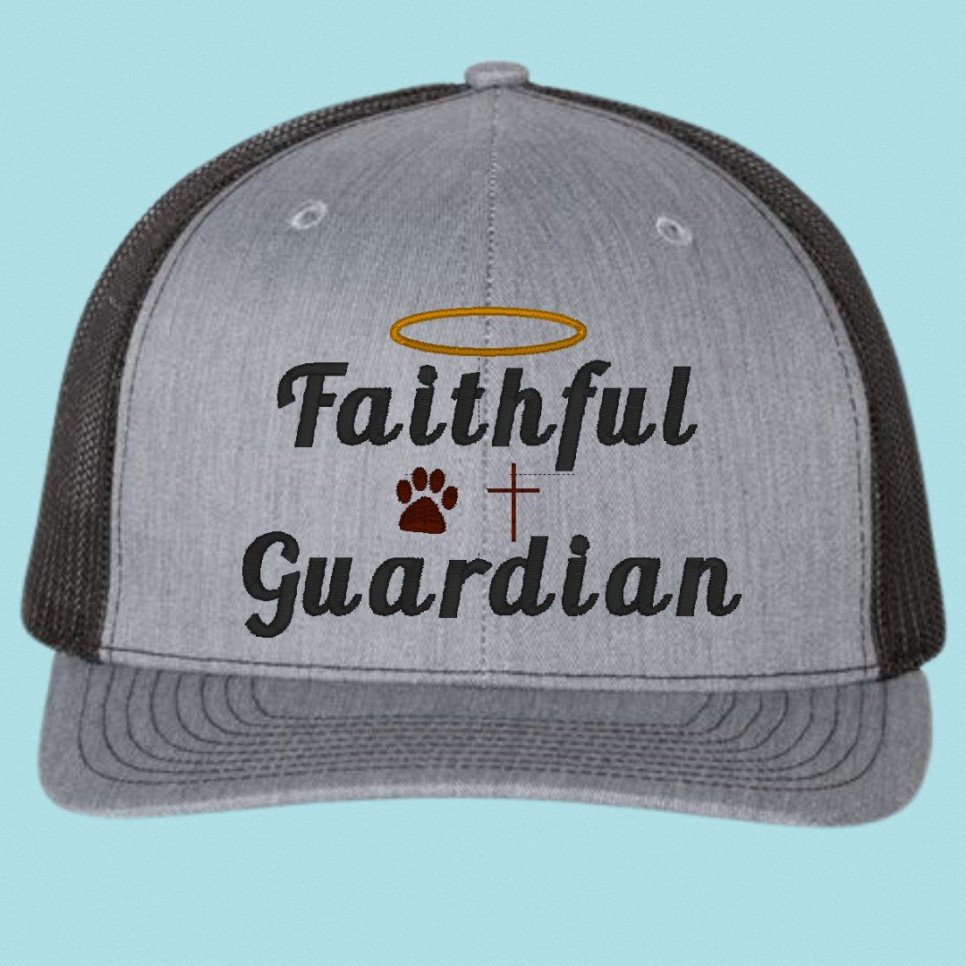 Faithful Guardian Trucker Hat – Christian Dog Lover Cap | Embroidered Mesh Hat for Men & Women (Grey or Pink)