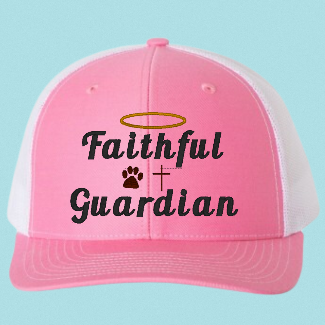 Faithful Guardian Trucker Hat – Christian Dog Lover Cap | Embroidered Mesh Hat for Men & Women (Grey or Pink)