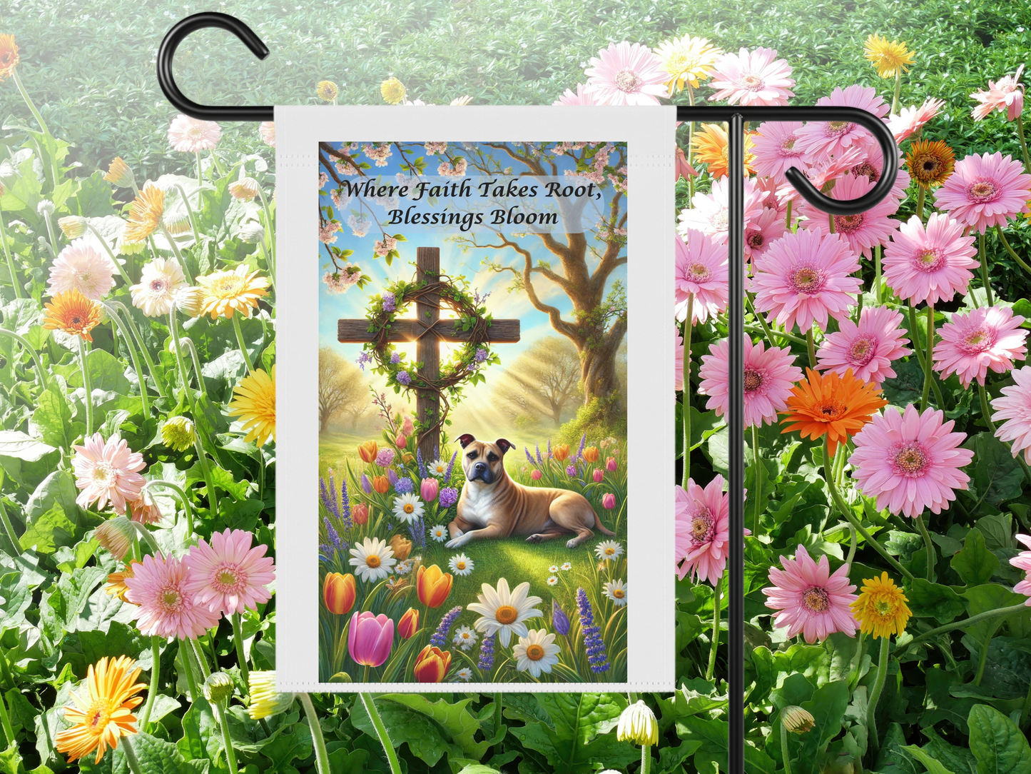 Where Faith Takes Root, Blessings Bloom Garden Flag – Christian Floral Outdoor Décor | Faith-Based Dog Lover Yard Flag