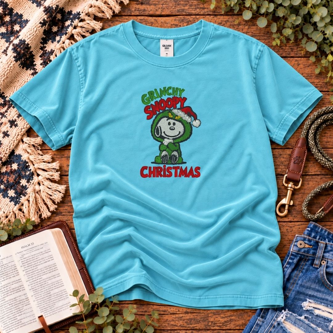 Grinchy Snoopy Christmas Embroidered Tee