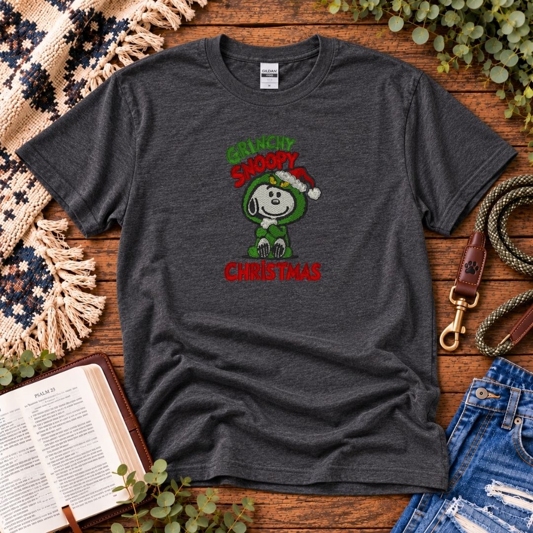 Grinchy Snoopy Christmas Embroidered Tee
