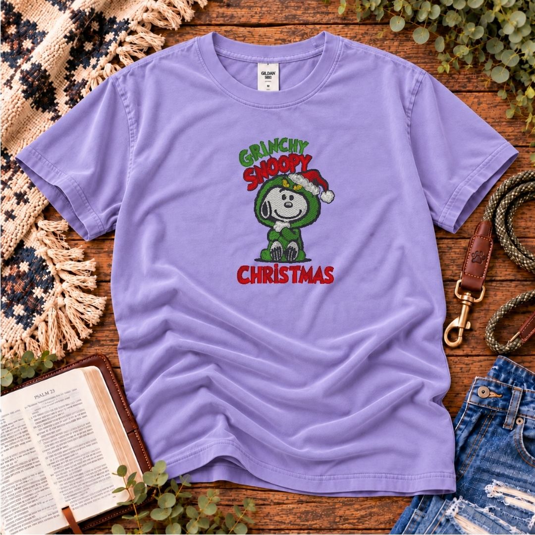 Grinchy Snoopy Christmas Embroidered Tee