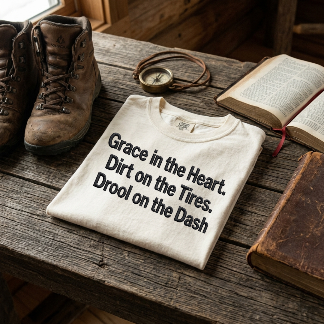 Grace in the Heart Dirt on the Tires Drool on the Dash folded embroidered tee in Ivory – Abiding Paws