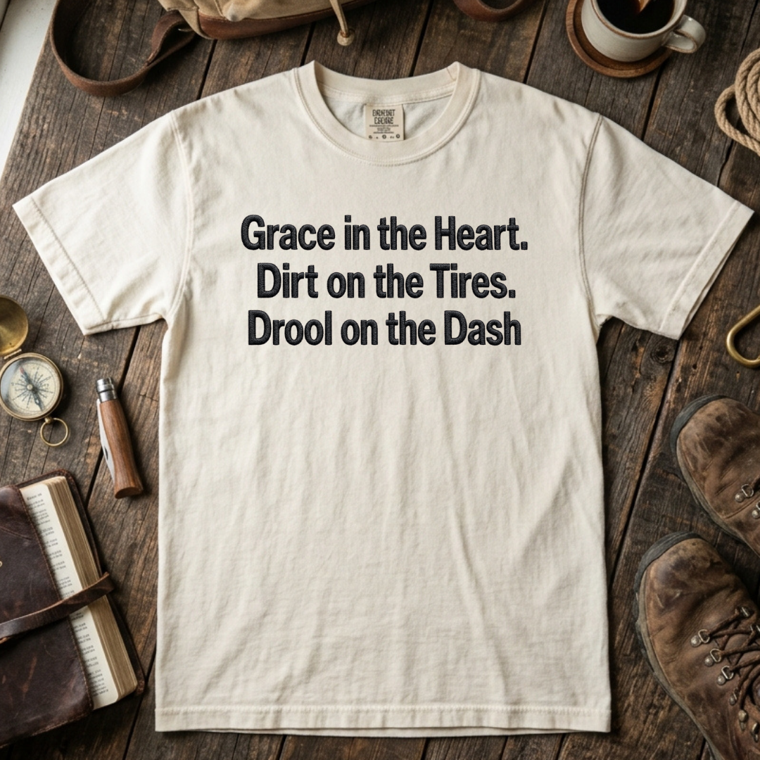 Grace in the Heart Dirt on the Tires Drool on the Dash embroidered tee in Ivory – Abiding Paws