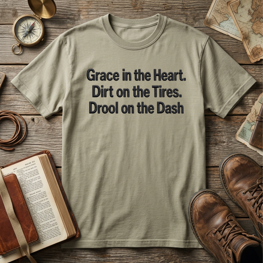 Grace in the Heart Dirt on the Tires Drool on the Dash embroidered tee in Sandstone – Abiding Paws