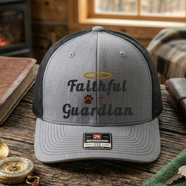 Gray cap with 'Faithful Guardian' text on a wooden surface with a cozy cabin background.