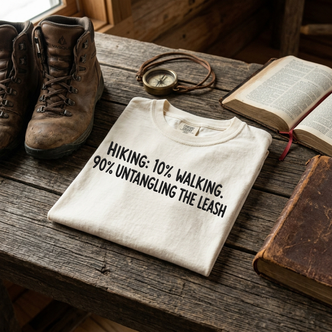 Hiking 10% Walking. 90% Untangling the Leash folded embroidered tee in Ivory – Abiding Paws
