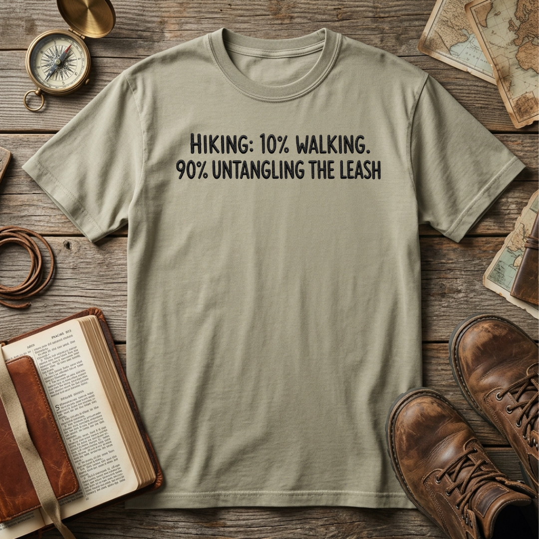 Hiking 10% Walking. 90% Untangling the Leash embroidered tee in Sandstone – Abiding Paws