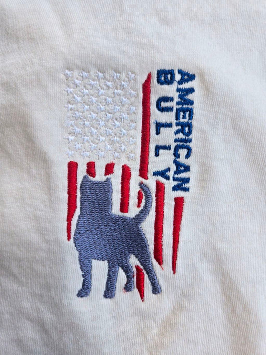 Closeup of embroidery detail - American Flag with bully breed in stripes and American Bully text -- Abiding Paws
