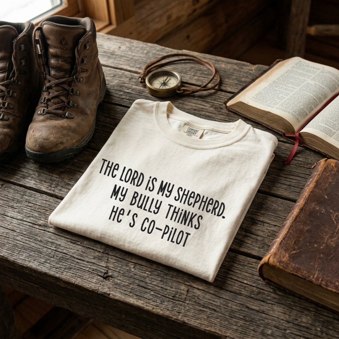 The Lord is My Shepherd. My Bully Thinks He's Co-Pilot folded embroidered tee in Ivory – Abiding Paws